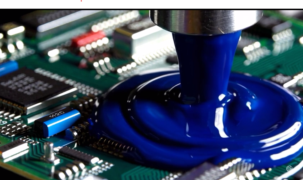 Blue epoxy dispensing over board